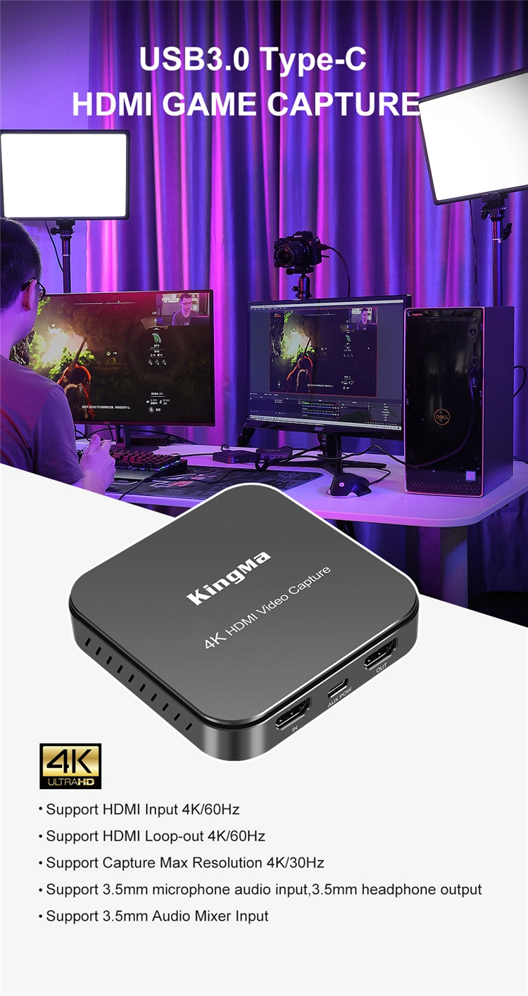 Kingma USB3.0 Type-C HD Mi Video Capture Card for Streaming and Recording Support 4K 60Hz Game Capture